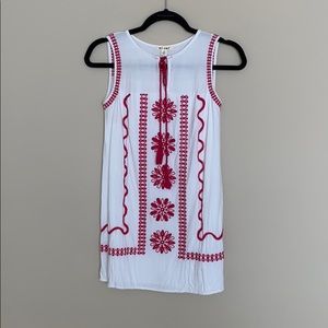 Miami ❤️ White and Red Embroidered Sleeveless Long Top with Tassel Ties 🩷